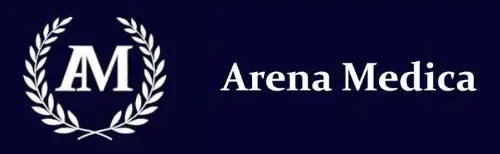 logo Arena Medica na niebieskim tle